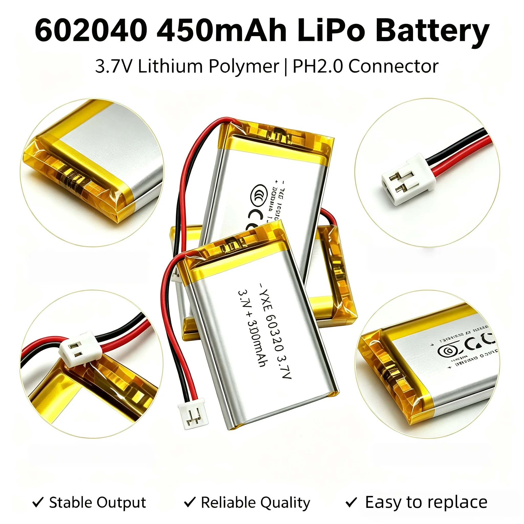 3.7V 450mAh 602040 Lithium Polymer Li-ion Rechargeable Battery For GPS MP3 MP4 MP5 Car DVR Tachograph Headphone Li Ion Cell