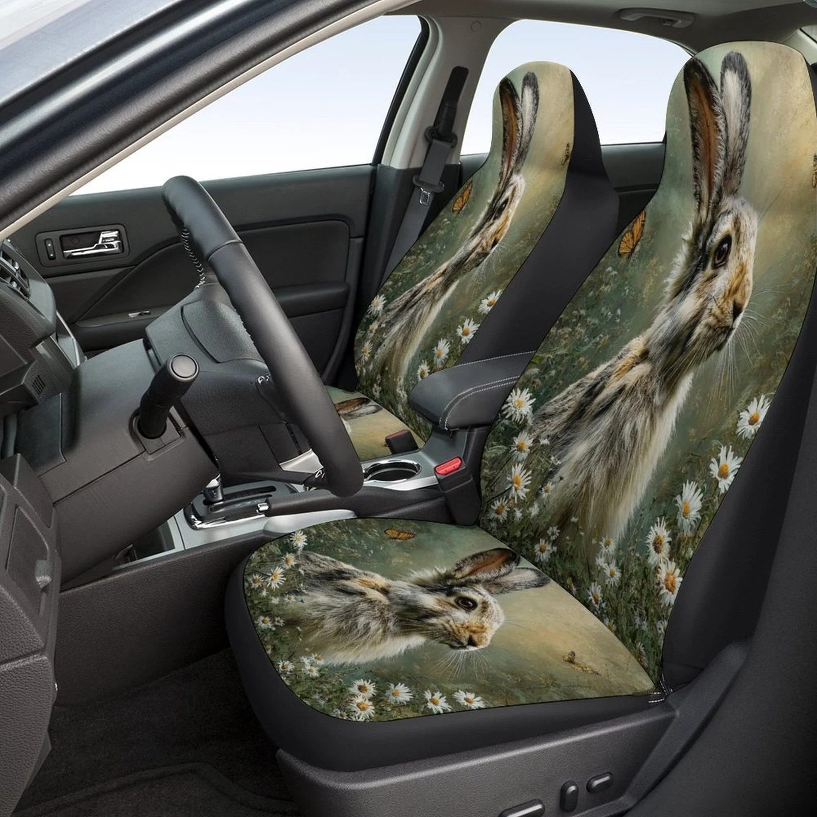 Set Of Car Seat Covers Featuring Rabbits And Flowers, Stylish And Durable For Most Vehicles, Complete Set For Two Front Seats An