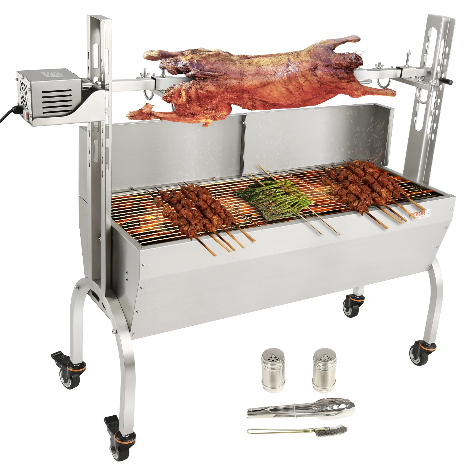 VEVOR Stainless Steel Rotisserie Grill / with Hooded Cover / with Windscreen, BBQ Whole Pig Lamb Goat Charcoal Spit Grill