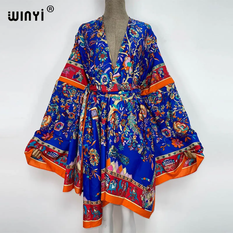 2022 WINYI Women beach swimsuit Cardigan Long Dress cover up Party Bohemia African blog Holiday long Sleeve Summer kimono Robe