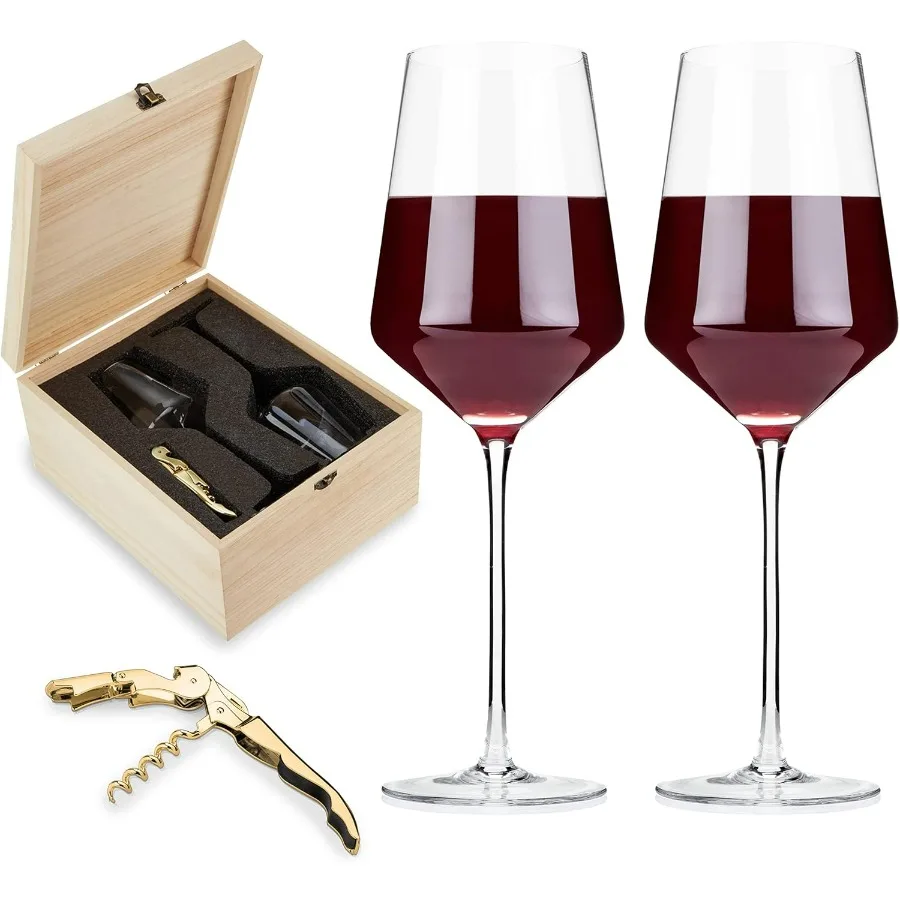 Crystal Stemmed Wine Glasses with Double Hinged Corkscrew in Wooden Gift Box Includes Two 16 oz Drinking Glasses and Cork Opene