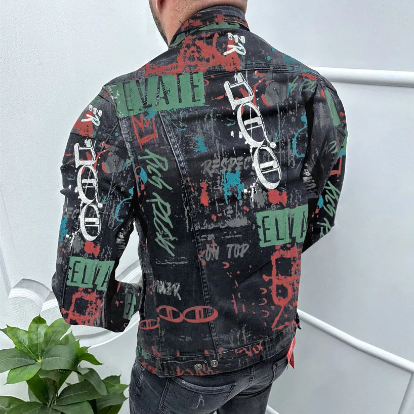 Men's Fashion High Street Printed Hip Hop Jeans Jacket Streetwear Slim Fit Painted Graffiti Denim Coat Designer Outerwear