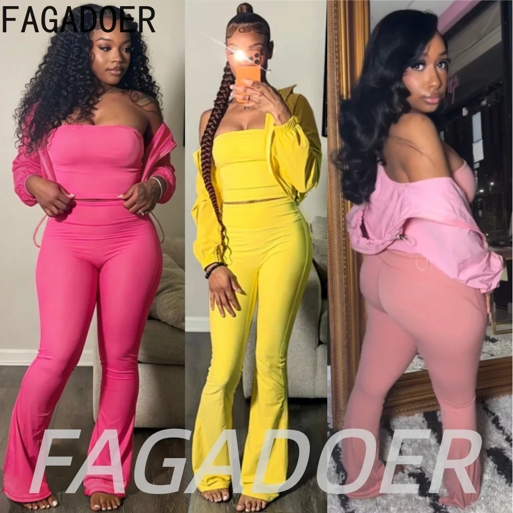 

FAGADOER Casual Sports Bodycon Pants Three Piece Sets Women Fashion Ruched Hooded Drawstring Jacket Tube Top and Pants Outfits
