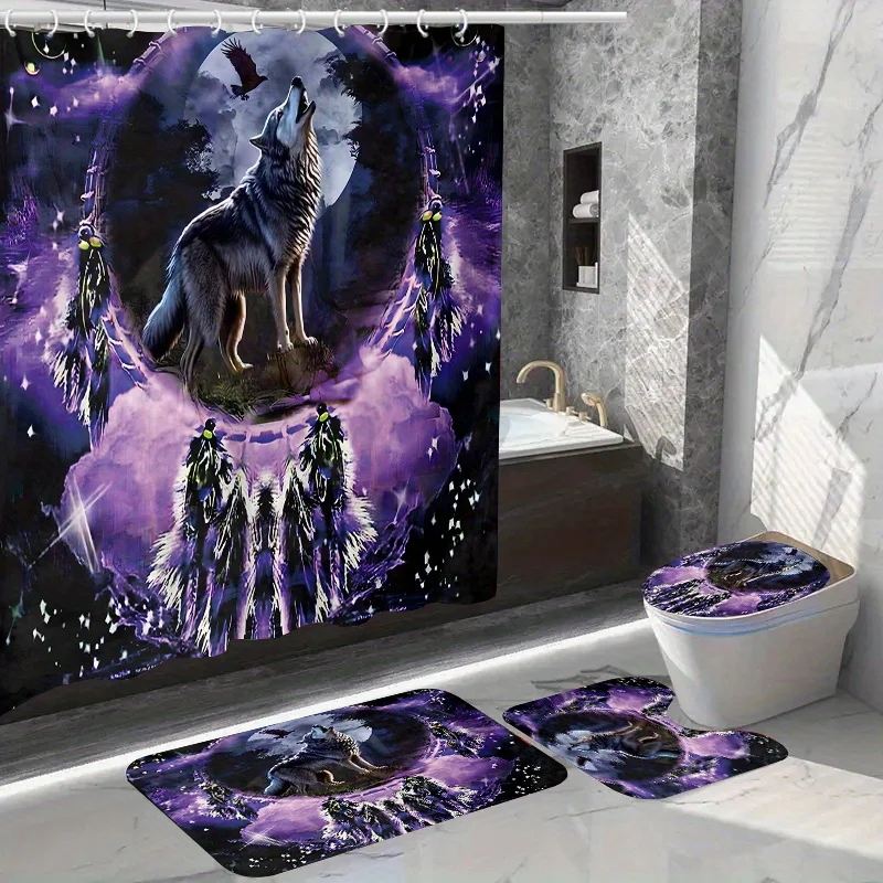 1/4pcs Deluxe Dreamcatcher Wolf Pattern Shower Curtain Set - Waterproof Bath Essentials with U-Shaped Mat, L-Shaped Mat, Toilet