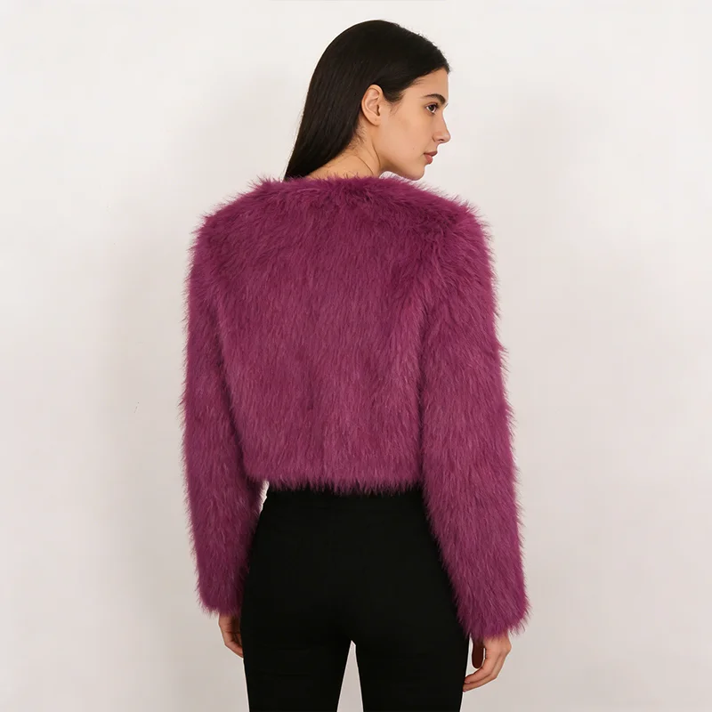 Damski płaszcz futrzany jesienno-zimowy, nowy, jednolity kolor, długi rękaw, krótki krój, modny, pluszowy, gruby, ocieplany futrem.