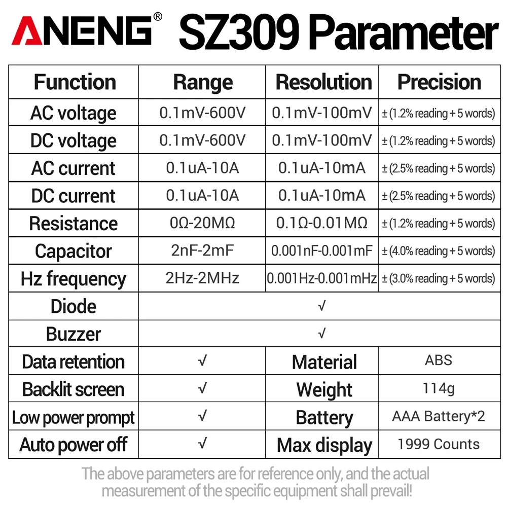 Imagem -06 - Aneng Sz309 Profissional Multímetro Digital de Alta Precisão ac dc Voltage Meter Fácil de Cary 1999 Contagem Tamanho Pequeno