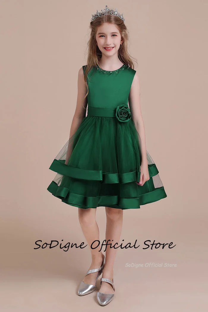 SoDigne Satin/Tulle A-line Flower Girl Dress O-neck Sleeveless Beading Skirt Girls Party Dresses Knee Length Customized Kid Gown