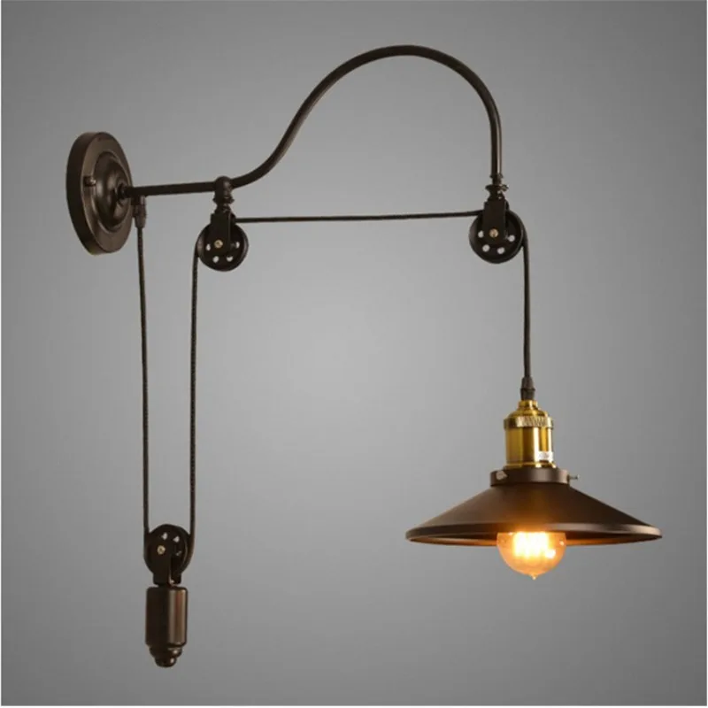 

American Vintage Retro Wall Lamp Wrought Iron Loft Industrial Creative Pulley Lift Wall Sconce Lights Fixture Home Deco Cafe Bar