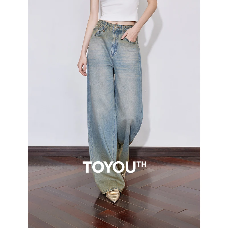 TOYOUTH Women Denim Jeans 2025 Spring New Wasteland Style Mid Waist Straight Washed Wide Leg Floor Long Trouser