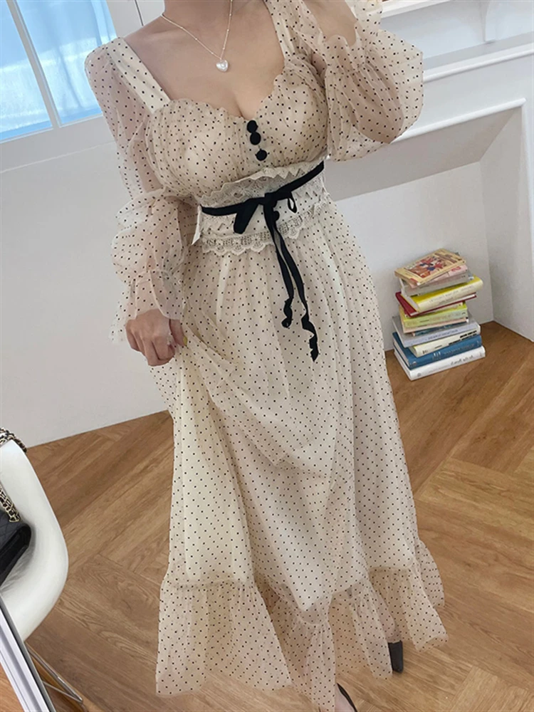 

High Waist Party Lace Runway A-Line 2022 Embroidery Dresses for Women Long Sleeve Luxury Polka Dot Elegant Spring Dress Boho