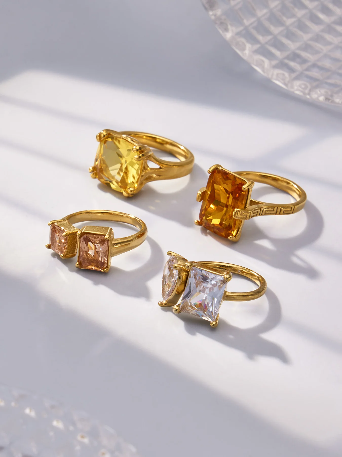 Ferris Wheel Square Cubic Zirconia Women's Rings Gold Color Stainless Steel Finger Waterproof Open Rings for Women Jewelry