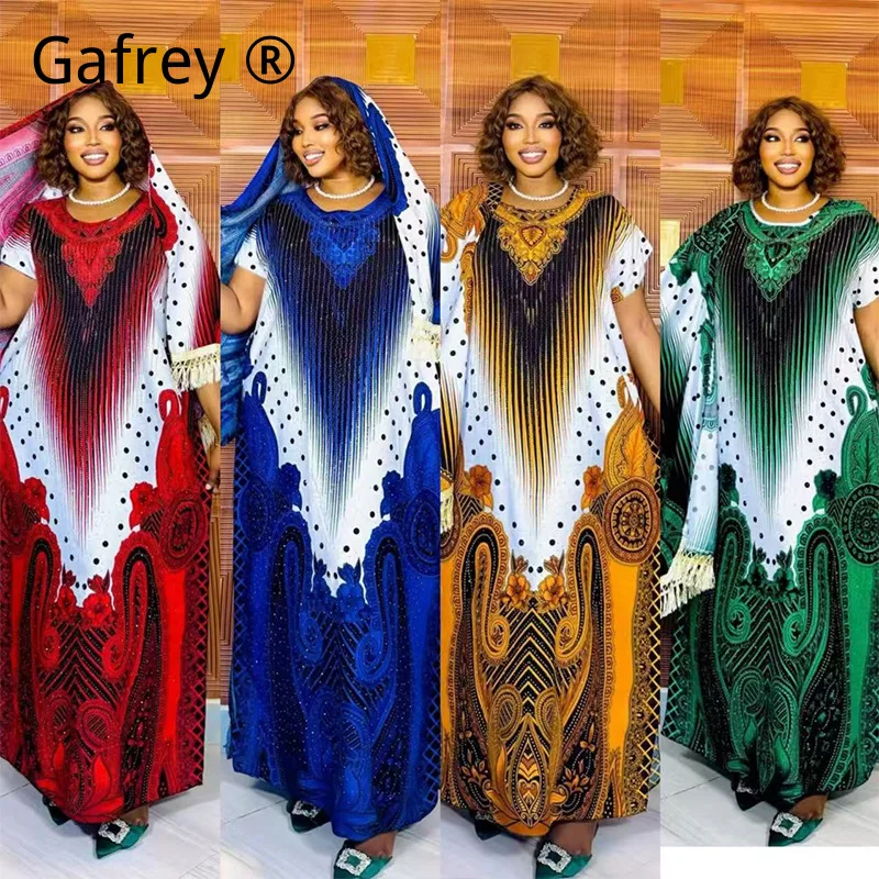 

Plus Size Women African Rendered Print Abaya Rhinestone Kaftan Dress Long Robe Muslim Set With Hijab Wedding Eid Party Gown New