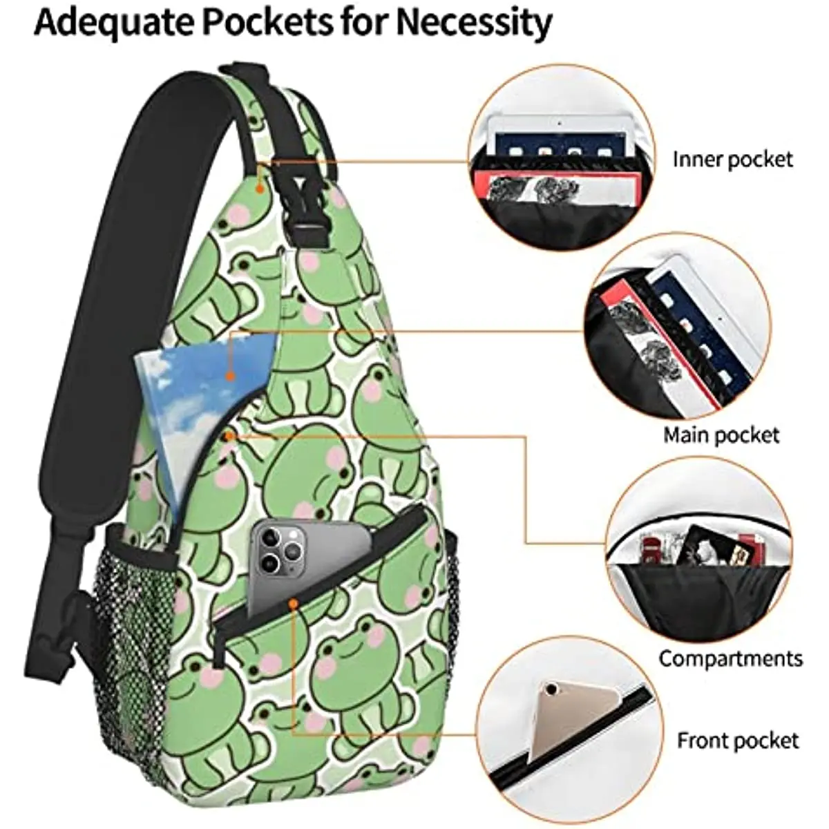 Tile Cute Frog Sling Bag for Women Men Animal Print Crossbody Shoulder Bags Casual Sling Backpack Bag Travel Hiking Outdoor