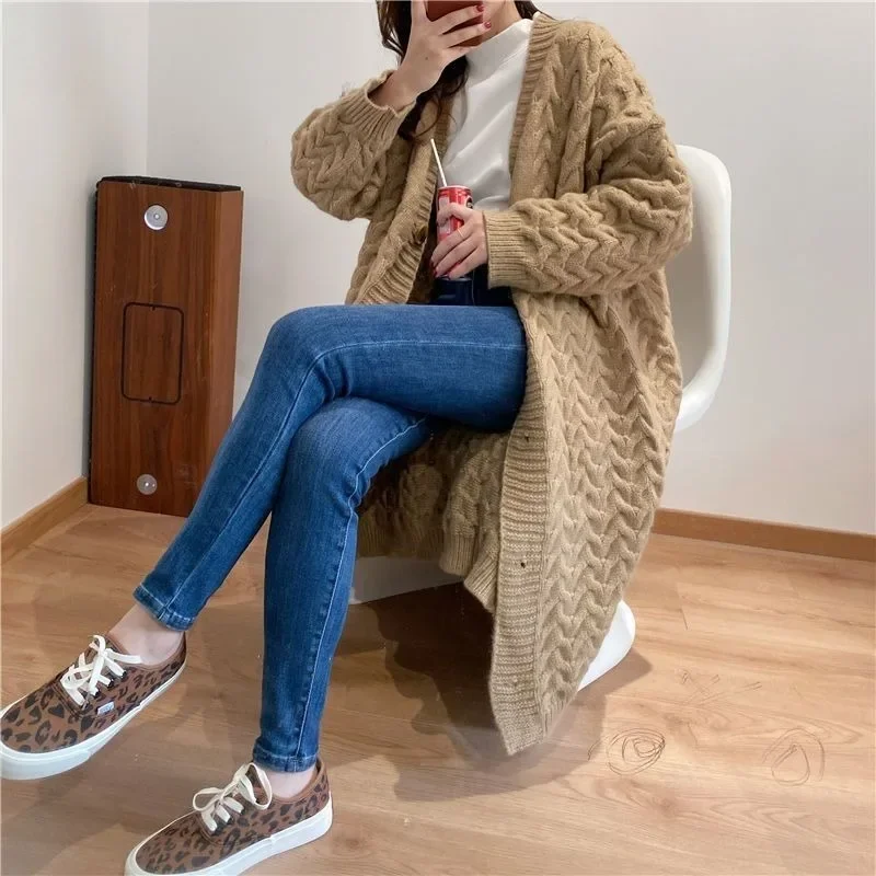 Vintage Gentle Twist Knitted Cardigan Women Coats Thick Thermal Extra Long Fall Winter New Slouchy V-neck Loose Solid All-match