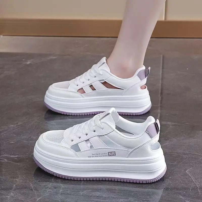 Women Mesh Hollow Out Lace Up Casual Board Shoes Summer New Thick Sole Non Slip Breathable Casual Sneakers Little White Shoes