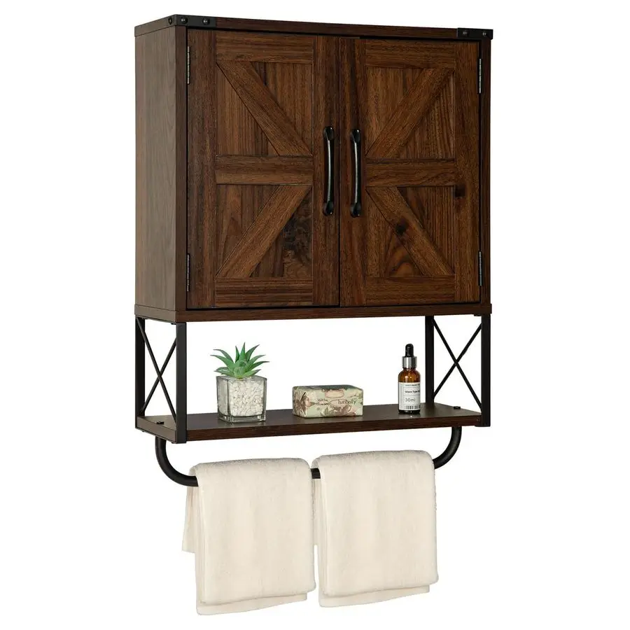 

Farmhouse Medicine Cabinet with 2 Barn Door,Wood Wall Mounted Storage Cabinet with Adjustable Shelf and Towel Bar, 3Tier Bathro