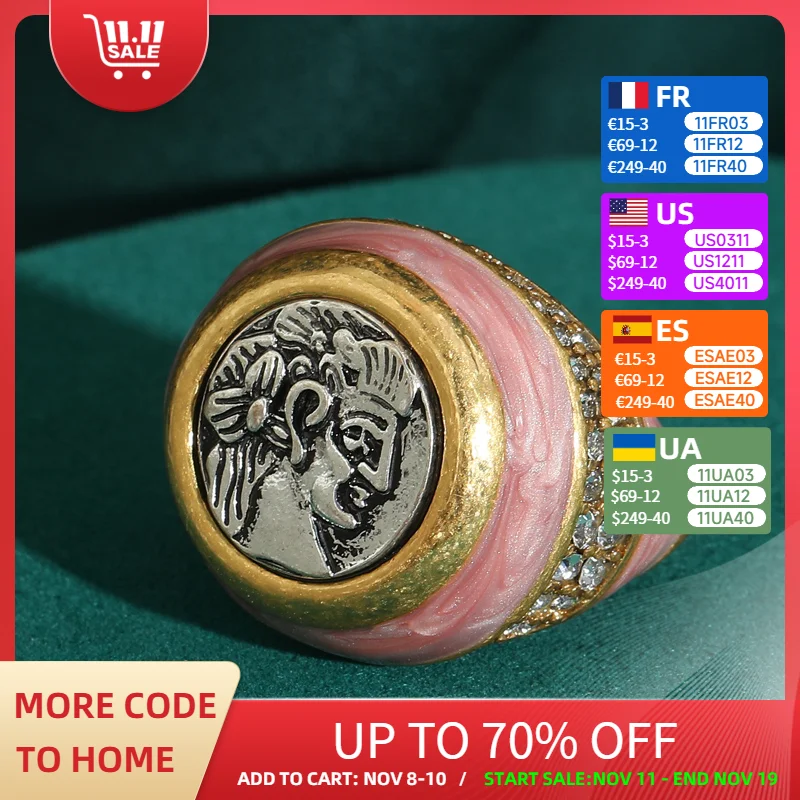 

Vintage Jewelry Gold Color Ancient Coin Beauty Head Pink Rings For Woman Oil Drop Antique Wedding Engagement Luxury Designer