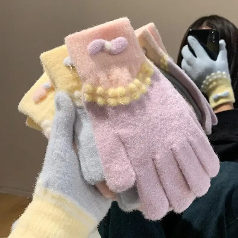 

Cute Bow Gloves Knitted Plush Gloves Autumn Winter Warm Five-finger Cute Student Winter Gloves