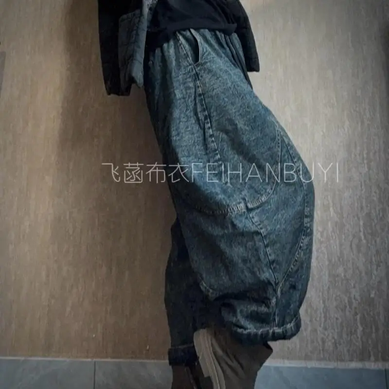 Autumn Winter New Arts Style Women Elastic Waist Cotton Denim Harem Pants Patch Designs Vintage Blue Ankle-length Loose Jeans