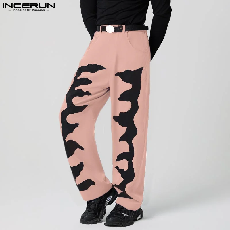 

INCERUN Handsome Pants Patchwork Color-block Loose Trousers Men Casual Zipper Handsome Fashion Wide Leg Pants Male Bottoms