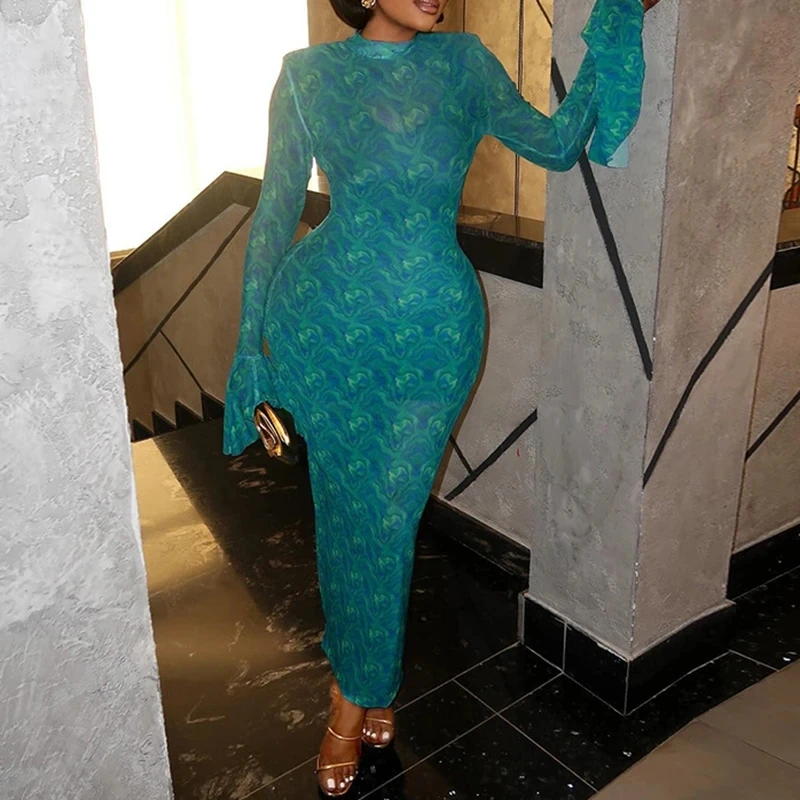 

Fashion Long Sleeve High Waist Pleated Party Dress Elegant Lady Simple Commute Dress Temperament O-neck Printed Slim Party Dress