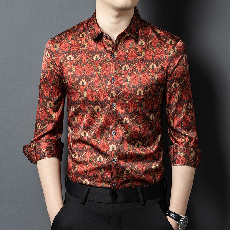 High-End Silk 100% Shirts For Men Long Sleeve Print Skin-Friendly Autumn Quality Soft Comfortable Gentleman Casual Chemise Homme