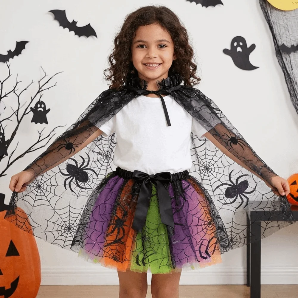 Gothic Spider Web Halloween Tulle Cape Soft Long Kids Mesh Cloak Sheer Bat Cosplay Bridal Costume Party
