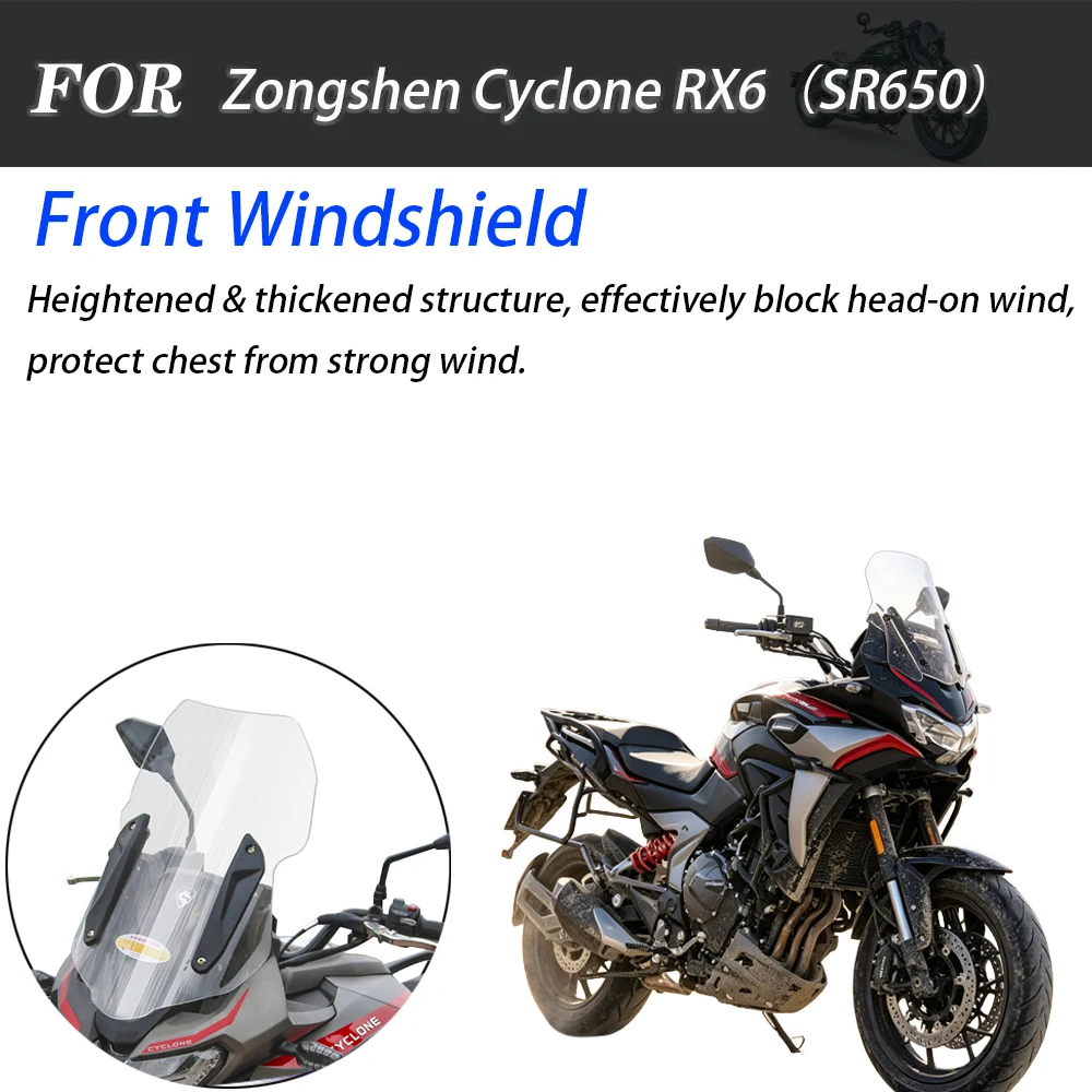 For Zongshen Cyclone RX6 SR650 Adventure Motorcycle Heightened Front Windscreen, Chest‑Protection Rain‑Shield Deflector Panel Mo