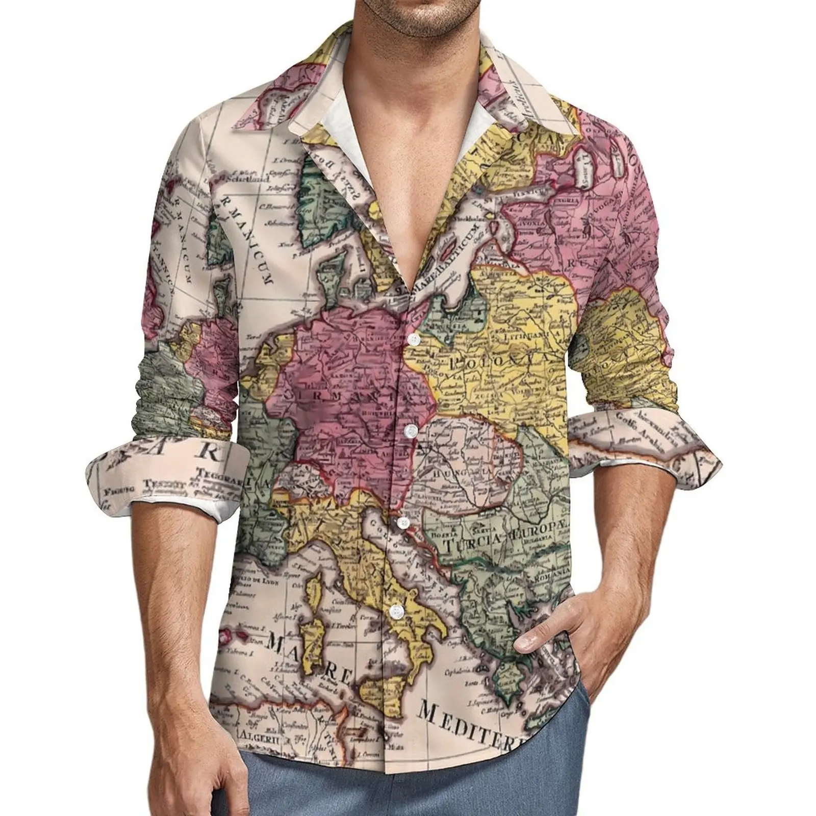 

Mens Shirt Old World Map Casual Shirts Long Sleeve Antique Map Streetwear Blouse Autumn Trendy Design Oversized Tops