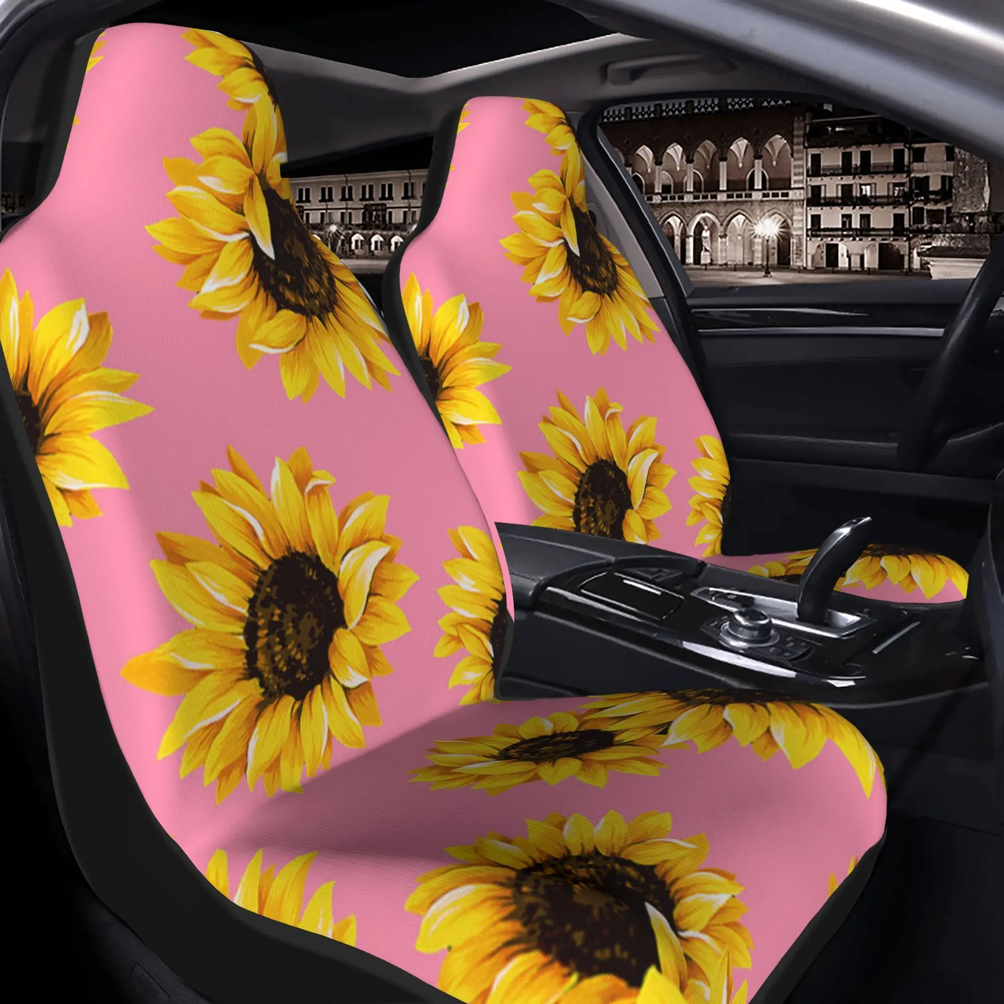 

2pcs Vibrant Sunflower Pattern Car Seat Covers - Breathable Polyester Fit Seat Protectors, Pink Floral Design With Yellow & Brow