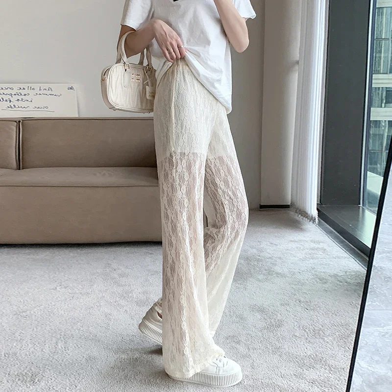 

Ladies Fashion Sexy Lace See Through Wide Leg Pants Women Clothes Girl High Waist Trousers Female Woman Streetwear Clothes