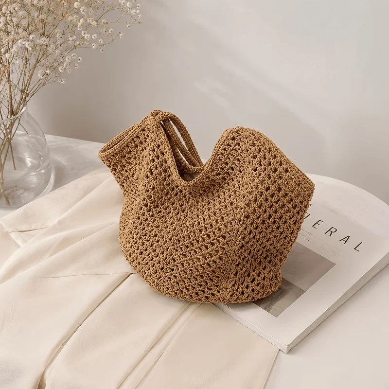 Women Large‑Capacity Woven Tote Bag, Light Breathable Open‑Top Shoulder Handbag for Beach Travel Shopping Commute Daily Use image 5
