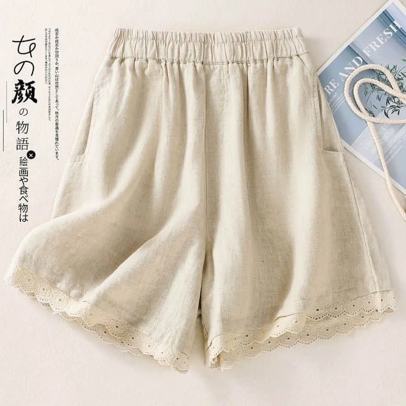 

Cotton Linen Shorts Women Casual Loose Elastic Waisted Lace Design Wide Leg Shorts Summer Vintage Short Trousers Women Clothing