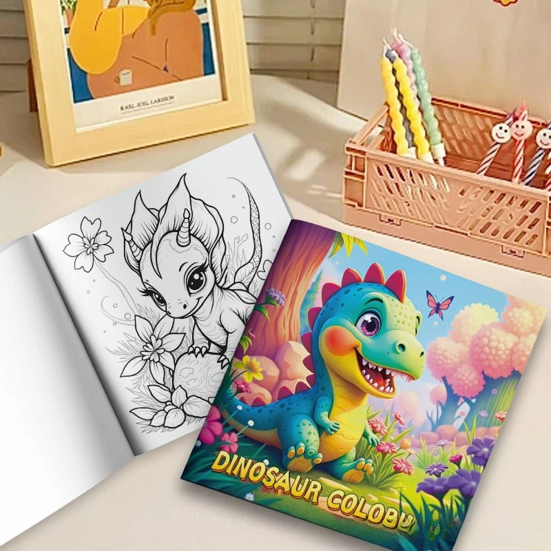 Dinosaur Coloring Book Cute Cartoon Dino Forest Floral Kids Stress Relief Drawing Book view 3