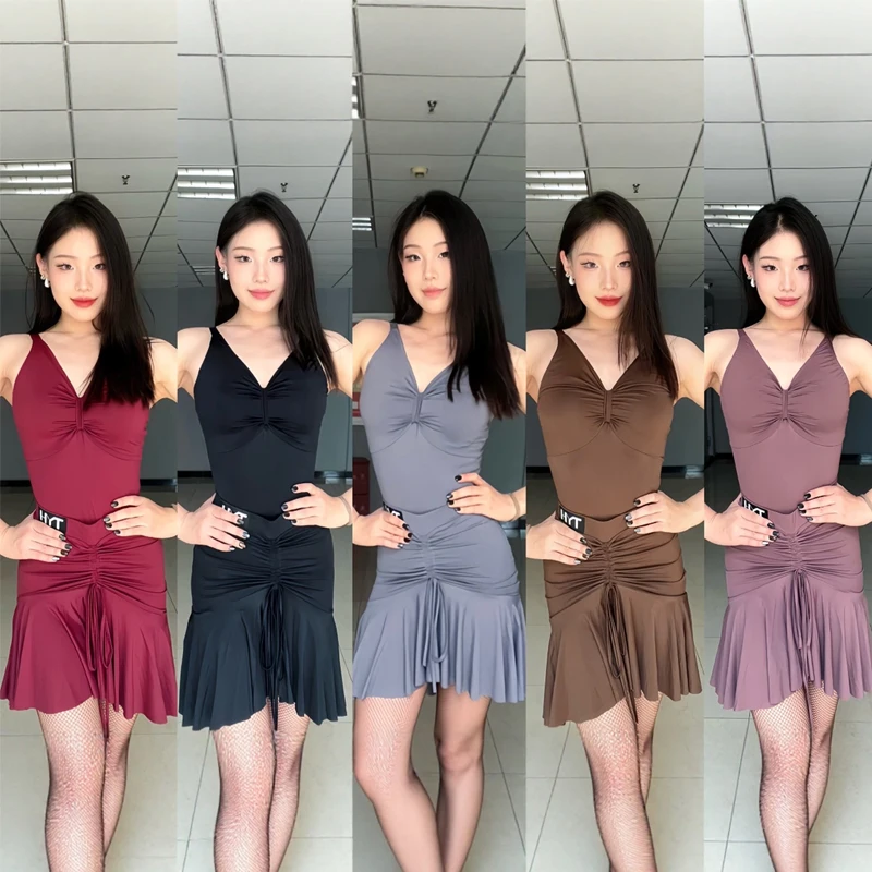 

Adults Latin Dance Competition Costume Women Ballroom Dance Clothing Sleeveless Latin Top Drawstring Skirt Practice Wear SL12884