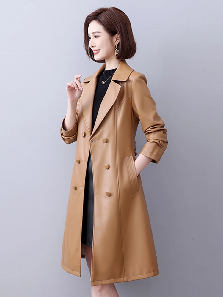 Nouveau Femmes Gris clair Veste en cuir Printemps Automne Mode Col de costume Double boutonnage Trench-coat slim Cuir fendu Vêtements d'extérieur