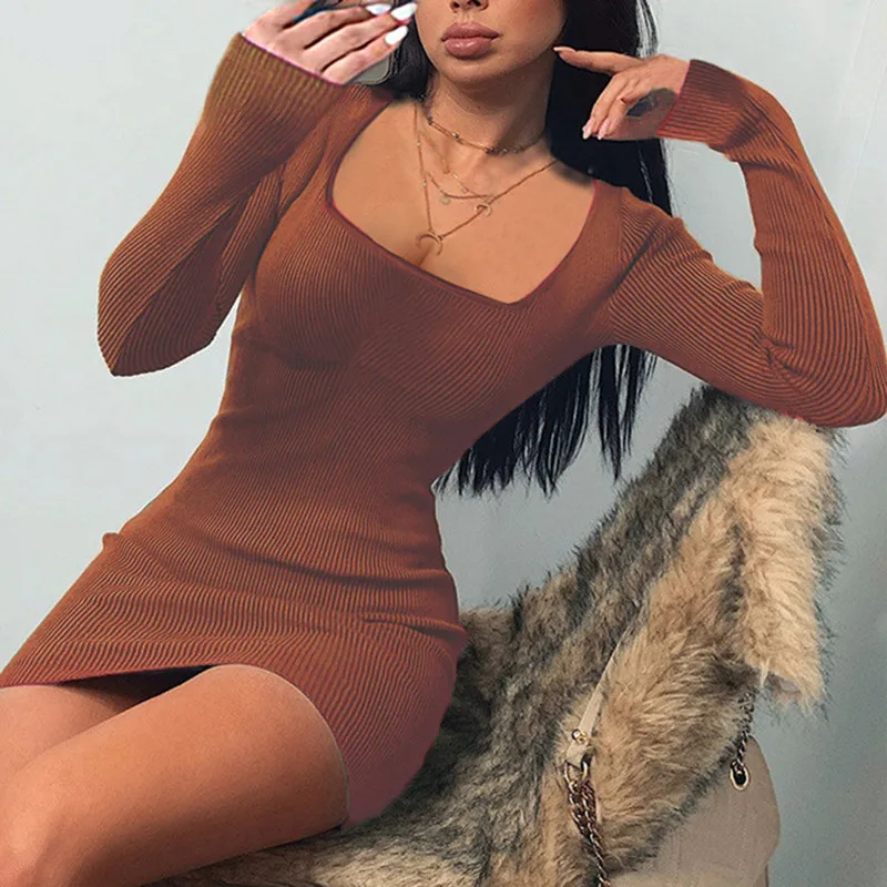 Long Sleeve Dress Women\'s Fashion Sexy Slim Fit Square Collar Sheath Autumn and Winter Sexy Dress for Women Short Prom Dress