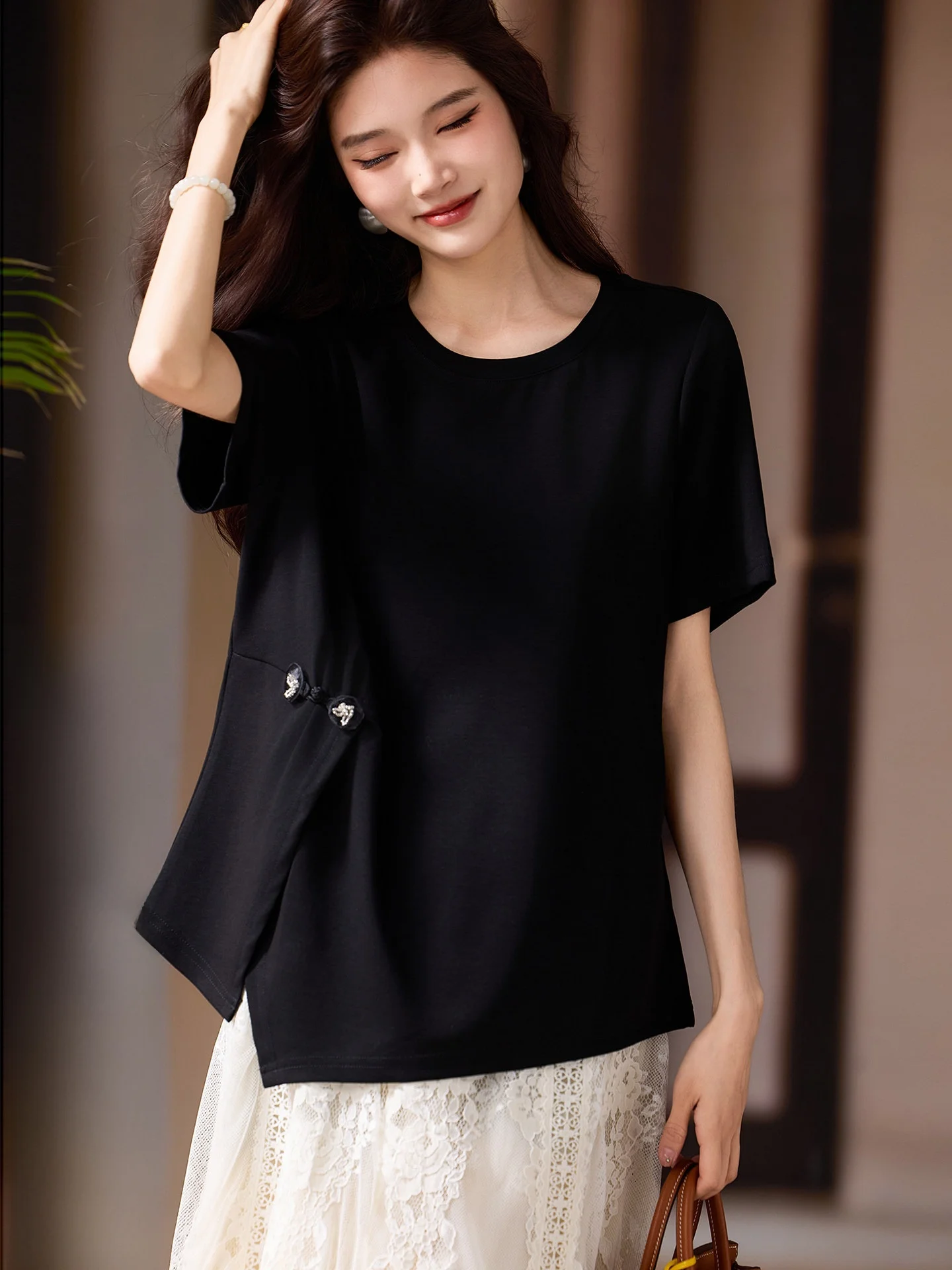 

Retro Black Button Tunic Top Women's plus Size Shoulder Length Summer New Style Casual Cotton Polyester Spandex Blend