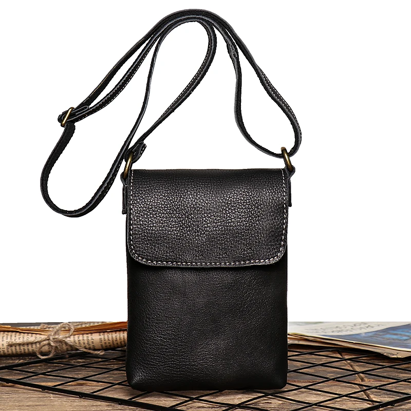 Retro Flip Schwarz Kleine Schulter Tasche für Männer Echtes Leder Sling Umhängetaschen Minderheit Design Mann Einfache Handy Tasche – Detail 7