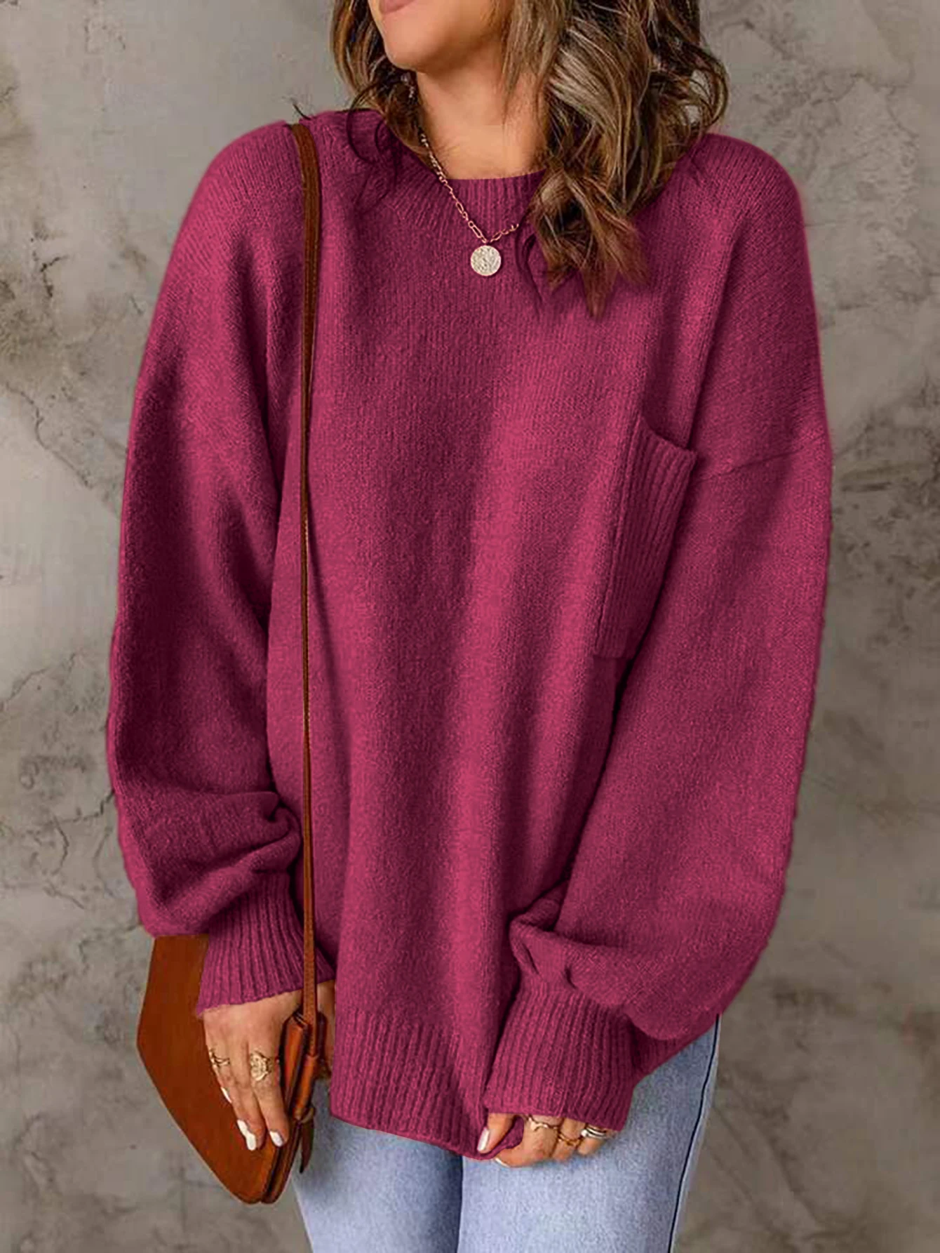 Round neck long sleeve solid color sweater loose lazy style high neck solid color loose pullover woman