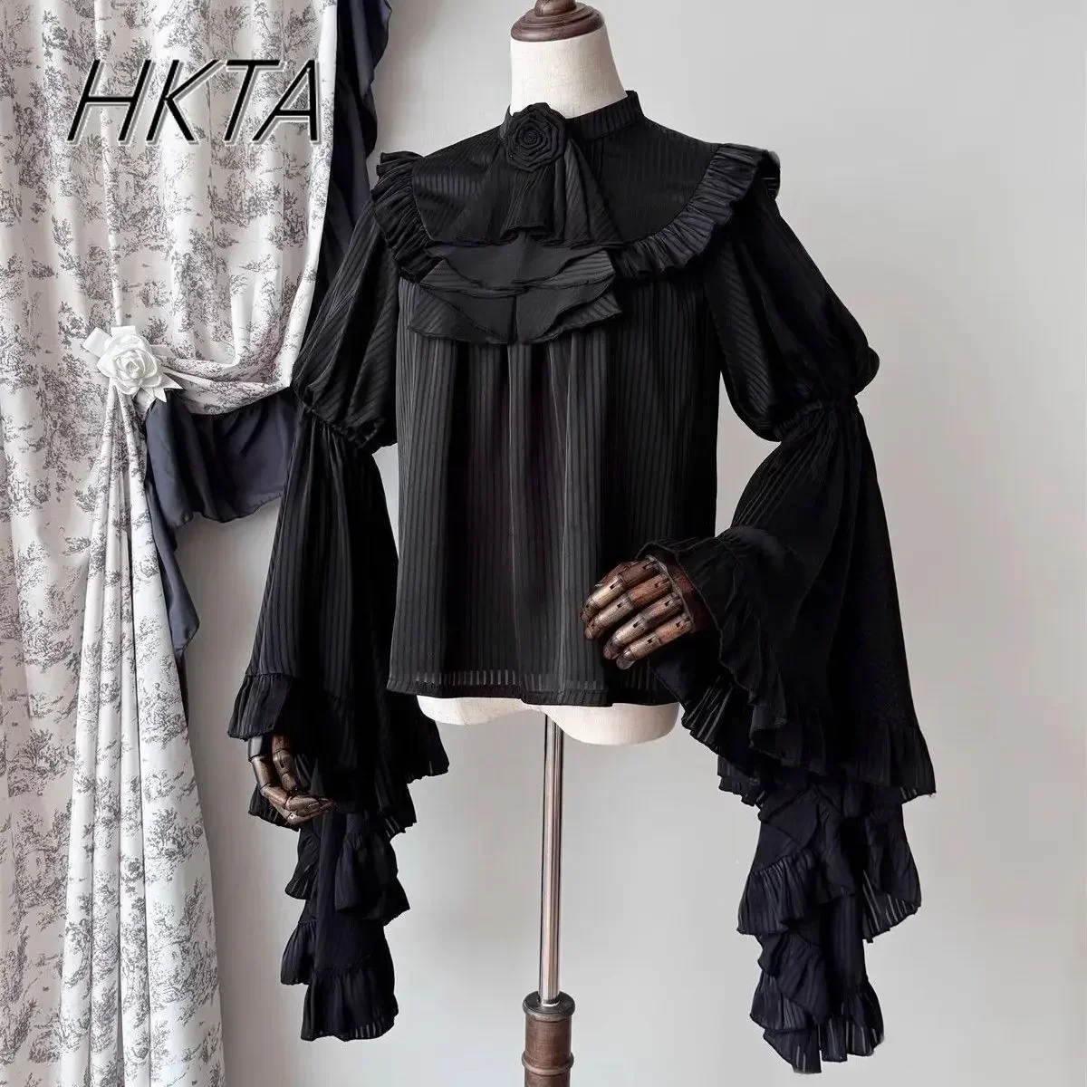 Lolita Shirts Pure White Black Ji Sleeves Shirt SK Fishbone High Waist Skirt Women Dark Goth Slim Blouse Long Skirt 2-piece Set