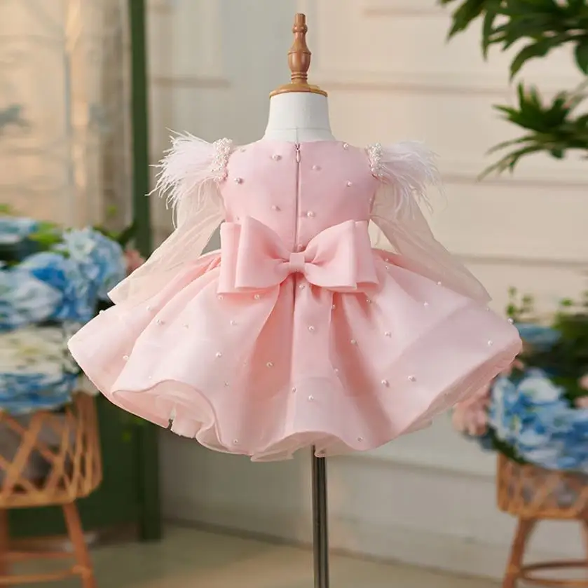 High-End Children's Princess Evening Gown Pearls Design Kids Catwalk Wedding Birthday Baptism Eid Party Girls Dress A3445