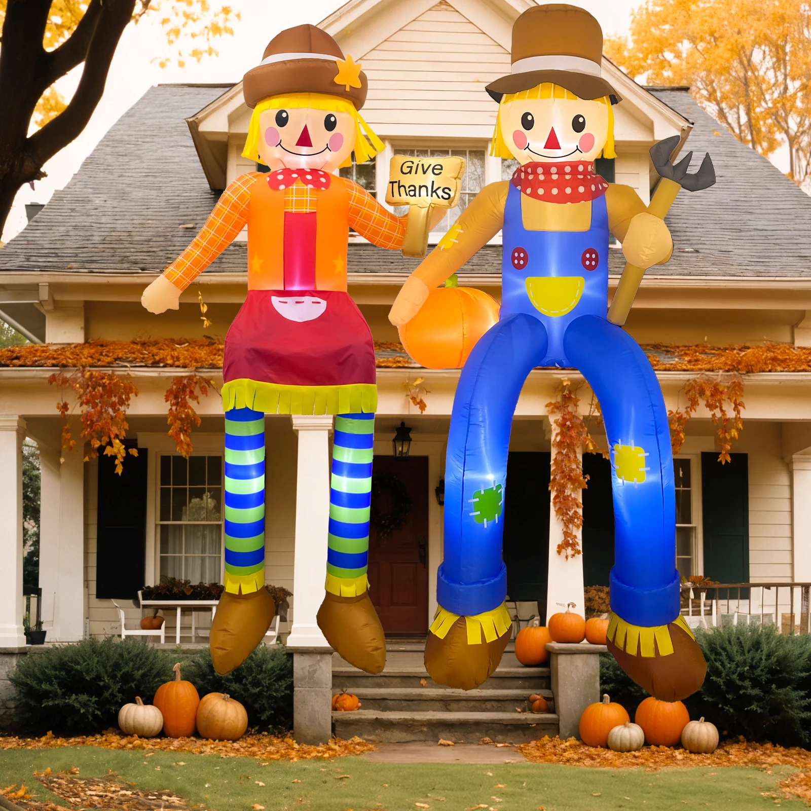 OurWarm 8FT Thanksgiving Inflatables Thanksgiving Decorations, 2Pcs Scarecrow Inflatable Lighted Thanksgiving Outdoor Decoration