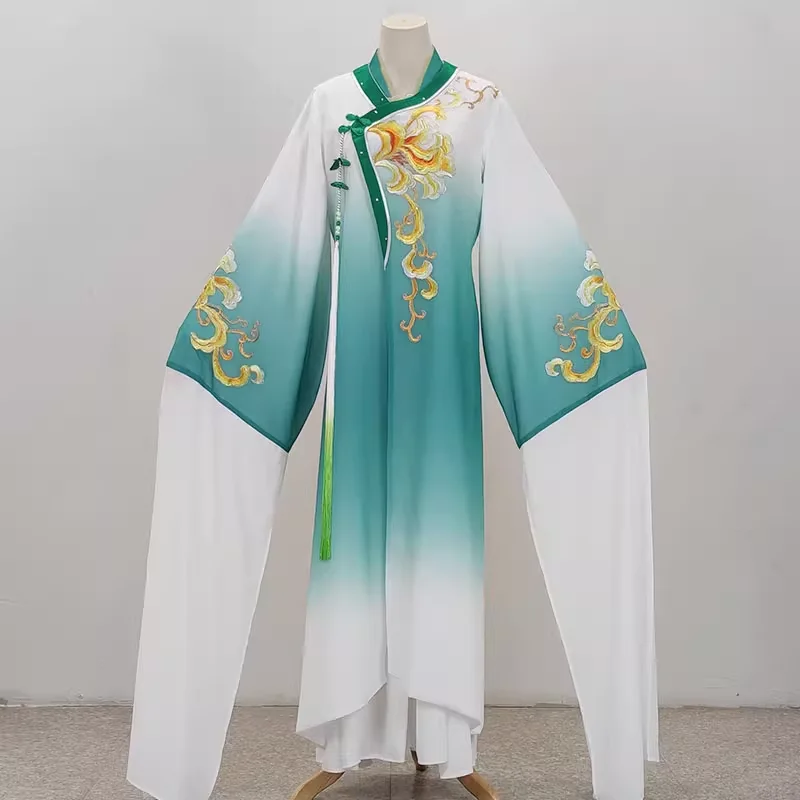 Traditional Chinese Folk Opera Stage Performance Hanfu Beading Embroidery w Long White Sleeve Light Green Female Costume Dress