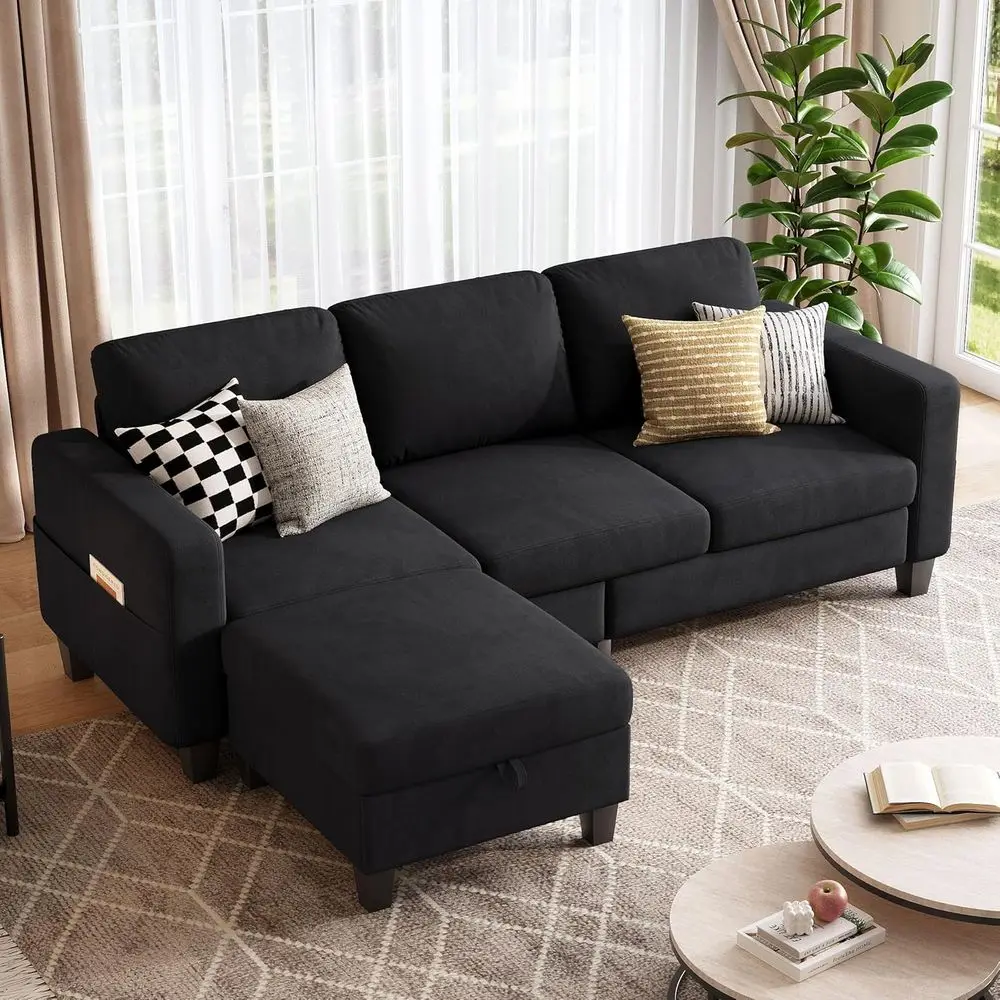 

78 L-Shaped Sectional Sofa with Reversible 3-Seat and Removable Storage Ottoman for Small Spaces and Dorms - High-Density Foam &