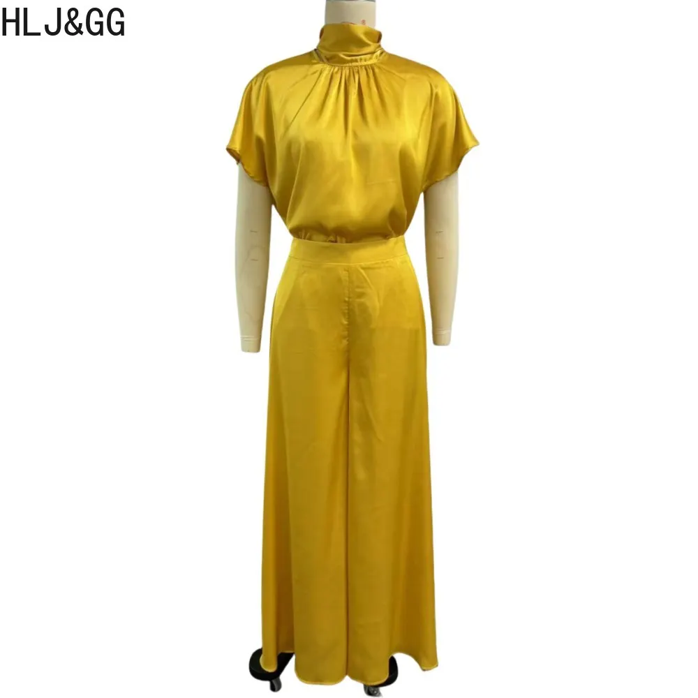 HLJ&GG Yellow Satin Elegant Lady Wide Leg Pants Two Piece Sets Women Bandage Short Sleeve Top And Pants Outfits Autumn Clothing