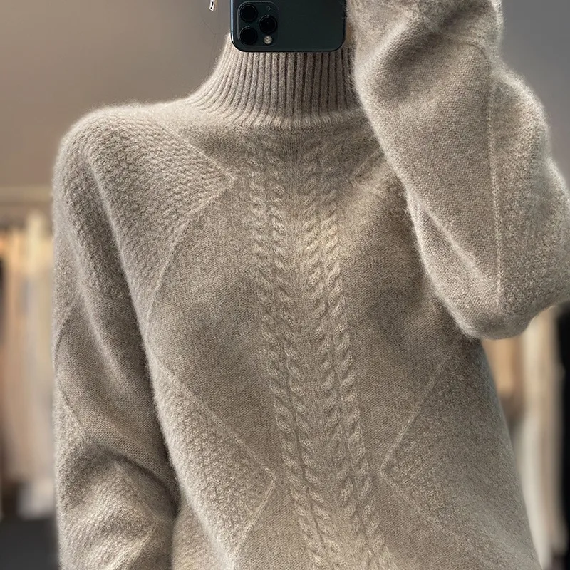 2023 Autumn Winter New Woolen Bottom Shirt Women Half Turtleneck Temperament Pullover Thick Sweater Loose Pure Wool Slim Shirt