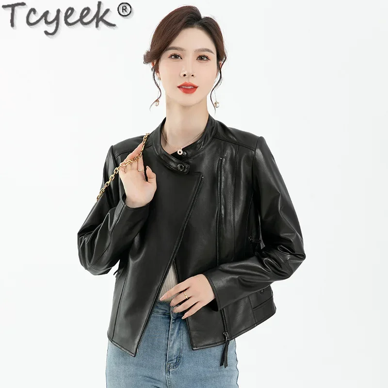 Tcyeek, chaqueta de cuero genuino para mujer, abrigo de cuero negro, abrigo de piel de oveja de gama alta, chaquetas para mujer, ropa de primavera y otoño 2024