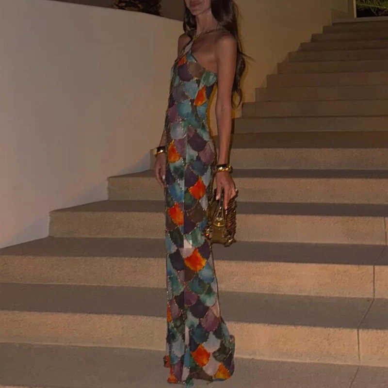 

Sexy Bodycon Backless Halter Dress Elegant Colorful Block Full Length Evening Dress Fashion 2025 Slim Off Shoulder Party Dress