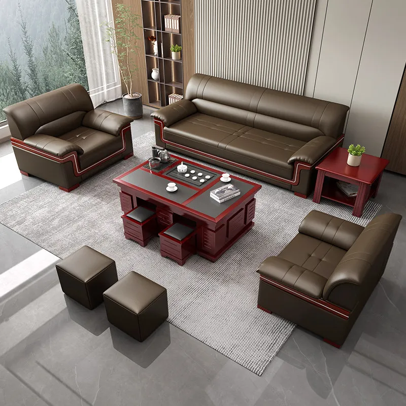 

tk-Office Sofa Three-Seater Solid Wood Frame Leather Art Cover Movable Business Reception Meeting Leisure Coffee Table Set！